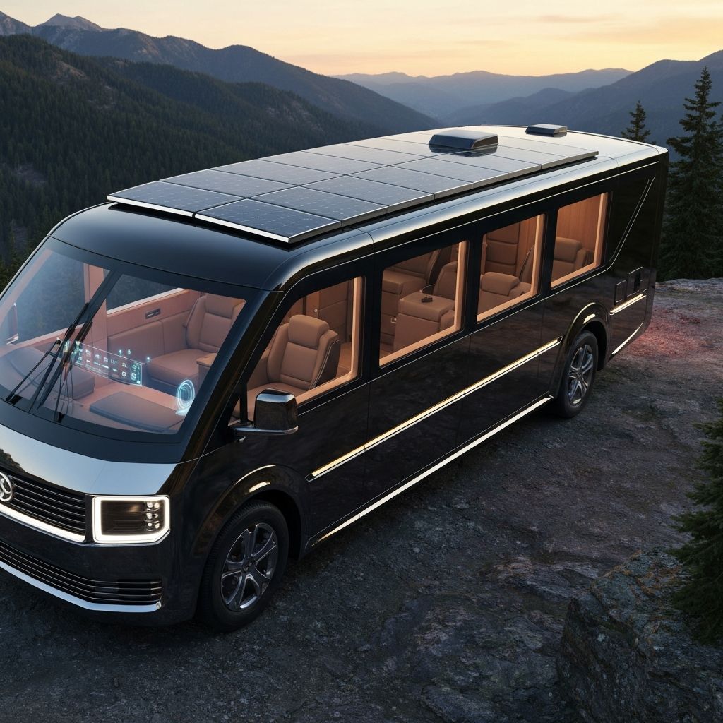 Earth Nomad luxury RV parked on mountain cliff at sunset with panoramic windows glowing