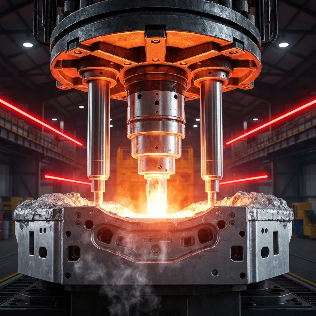 Mega giga press in action casting a monolithic vehicle shell with molten alloy